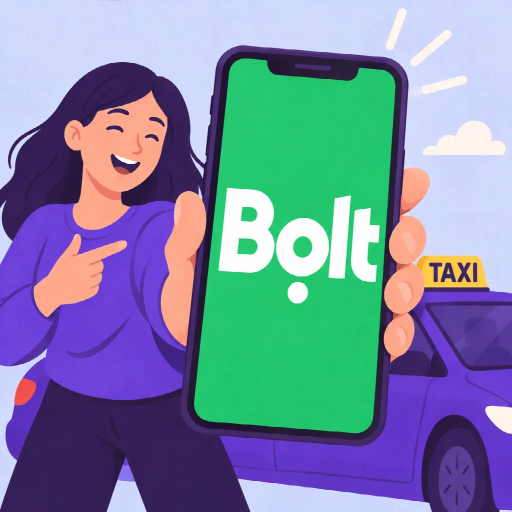 Kierowczyni z aplikacją Bolt przy fioletowej taksówce