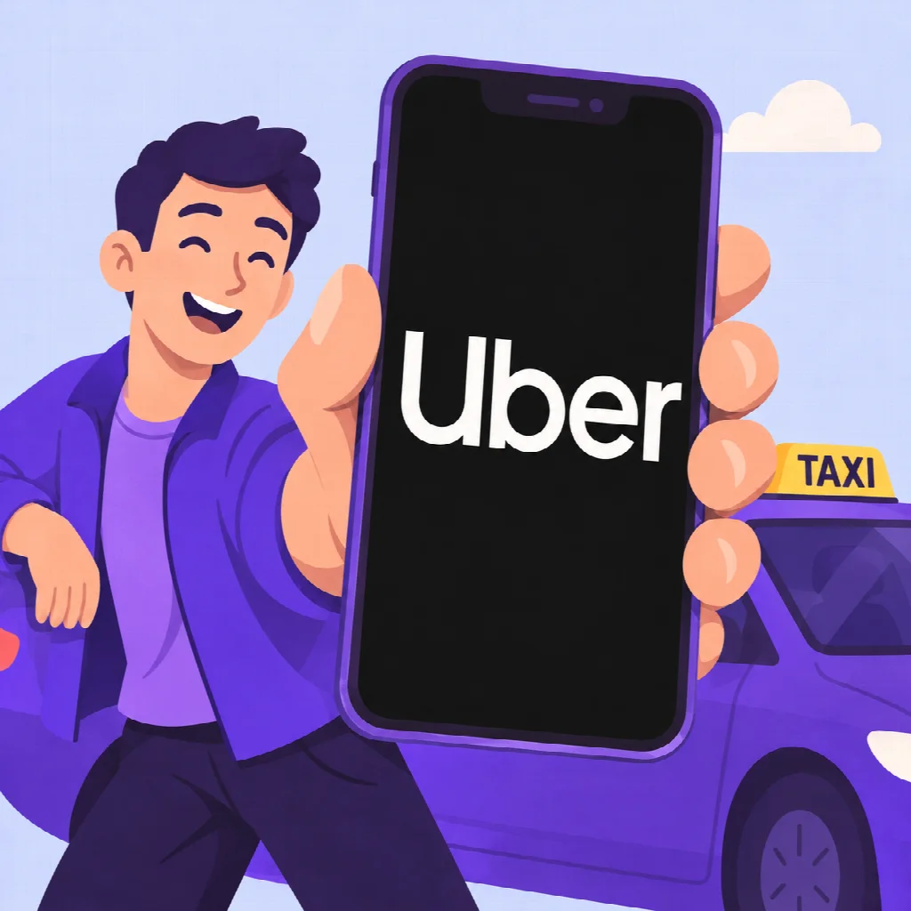 Kierowca z aplikacją Uber przy fioletowej taksówce